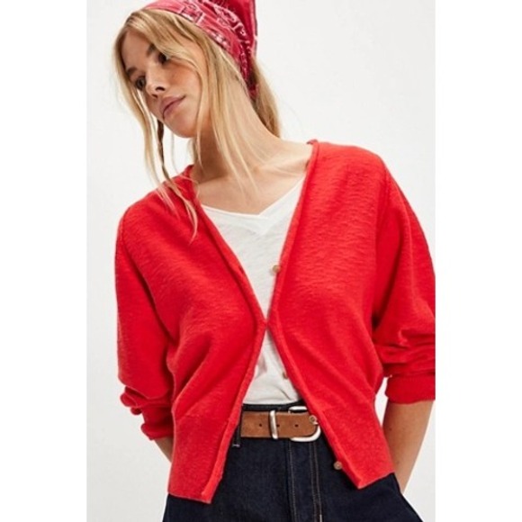Free People Sweaters - Free People Kait Cardigan‎ Flame Red Size L Cozy Lightweight Relaxed NWT